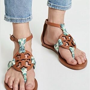 Tory Burch Miller Scarf Ankle Strap Logo Thong Gladiator Flat Sandals Size 8 1/2